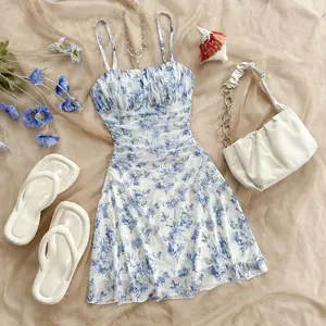 Women's Spaghetti-Strap Sleeveless Knit Floral Print Halter Dress - Skinny-Fit Polyester Fabric, Elegant Sports Dress Suitable for 2-3 Seasons