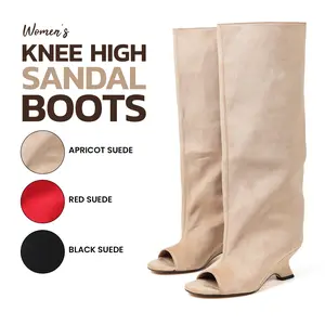 Knee High Boots For Womens Open Toe Block Heel Pull On Party Date Event Office Casual Date Slouchy Long Comfortable Trendy Modern Boots