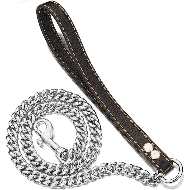 BigDogGear 47" Durable Heavy-Duty Anti-Chew Dog Leash - Steel Chain with Leather Handle for Giant Breeds, Ultra-Strong Training Lead