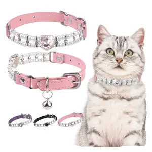Cat Collar Leather with Bell and Safety Buckle,Personalized Rhinestones Bling Adjustable Collars for Cats Kitty and Small Dogs,Pearl cat Collar, Personalized Heart Tag