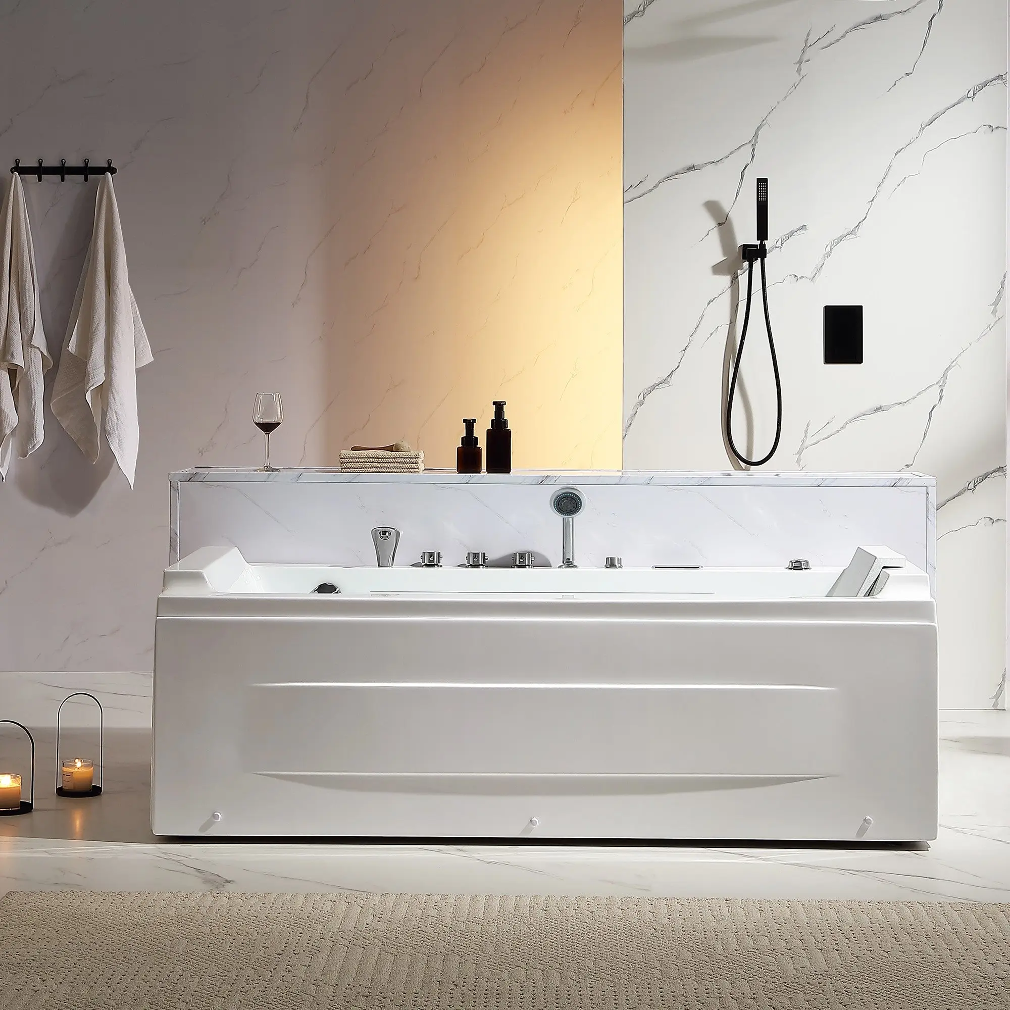 Empava 71-in Rectangle Bathroom Alcove Whirlpool-Air Combination Jetted Bathtub with 71" Alcove Fit, Inline Heat Boost and Waterfall Feature