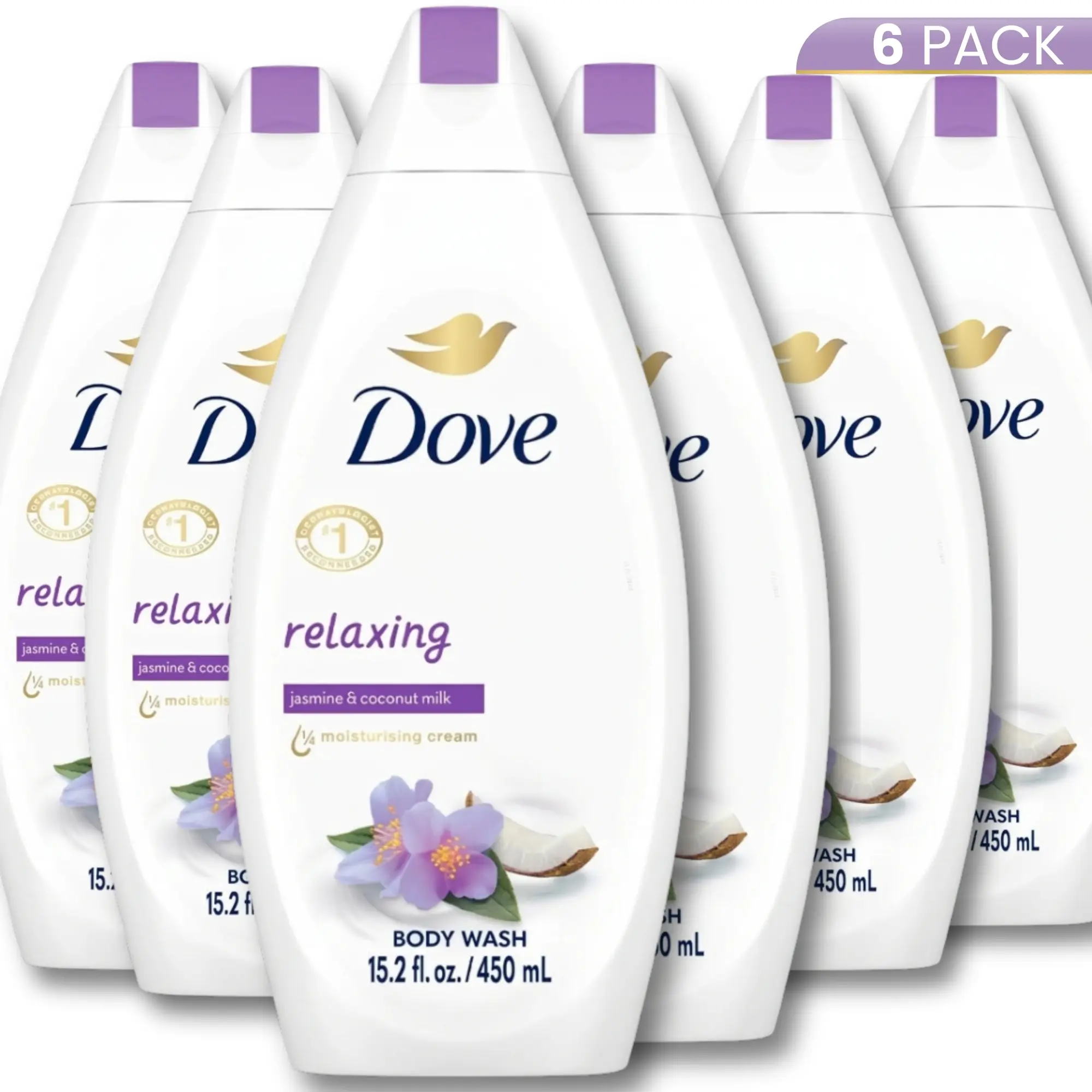 Dove Relaxing Body Wash with 1/4 Moisturizing Cream, Hydrating Unisex Shower Gel, Jasmine & Coconut Milk Scent, 6 Pack (15.2oz/450ml), Moisturizer, Scented, Youth, Six Bottles