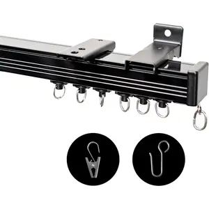 Ceiling Curtain Track, Ceiling Wall Mount Room Divider Curtain Track Rods Heavy Duty Ceiling Track Curtain Rail, RV Ceiling Track for Curtains with Rollers Hooks Clips for 6-9ft, Black