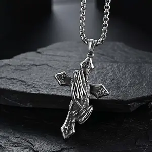 Y2k praying hands stainless steel cross necklace does not fade men and women hip hop jewelry party jewelry couple gift