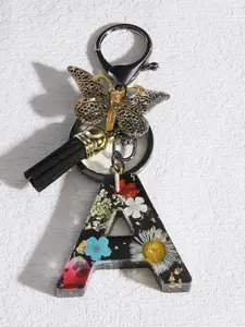 1pc/Initial keychain accessories Keychain Pendant Creative crystal glue butterfly dried flowers with English letters key ring chain decorations - Flower letters car backpack hanger gift of choice Stylish Keychain