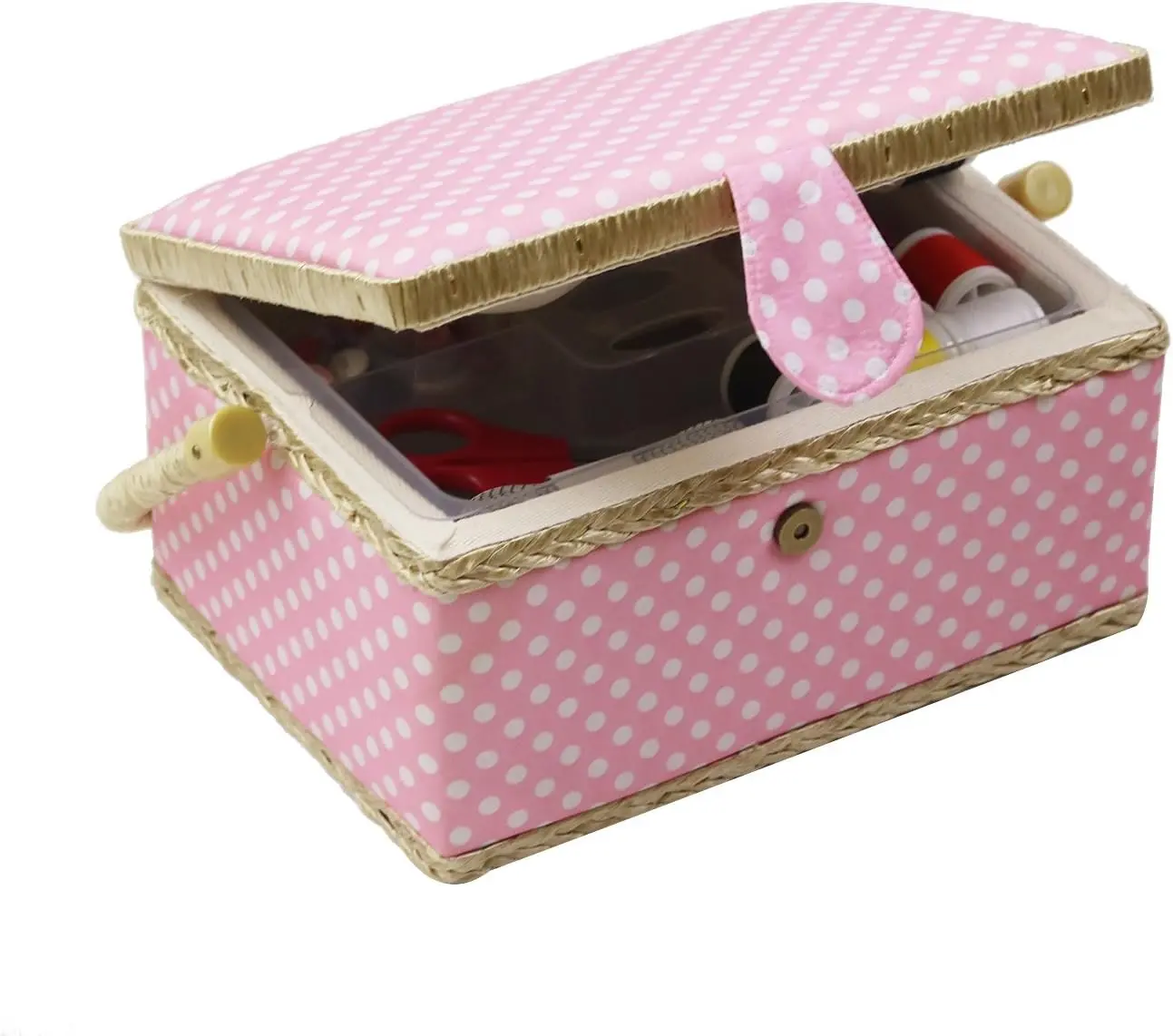 Medium Sewing Basket with Accessories, Wooden Sewing Box Organizer Box for Sewing Supplies Storage, DIY Sewing Kit Tools for Sewing Mending, Pink Polka Dots