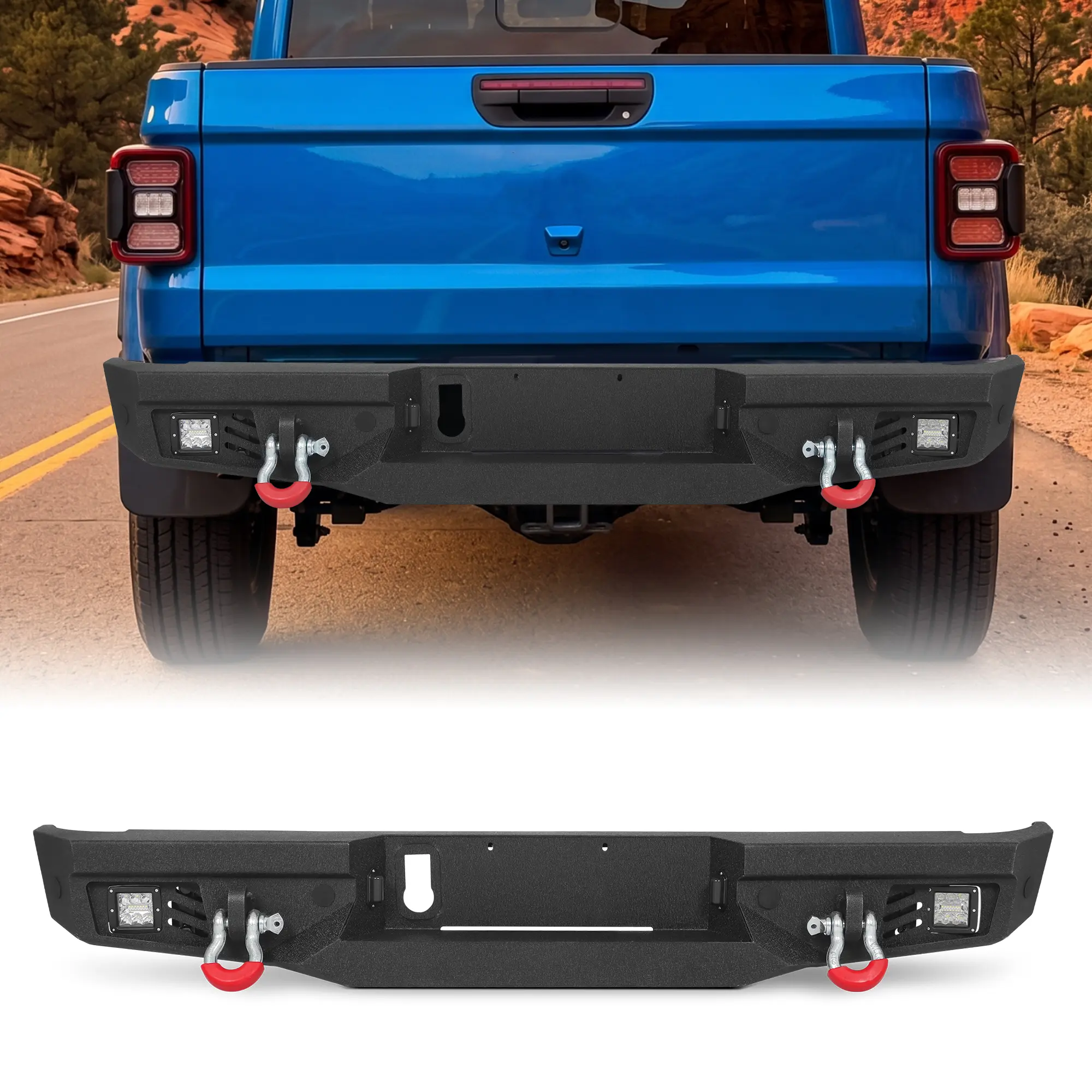 MONOKING Full Width Rear Bumper for 2020-2026 Gladiator JT, Heavy Duty Carbon Steel Armor, 18W LED Lights, Sensor Ready, D-Ring Mounts, Side Steps