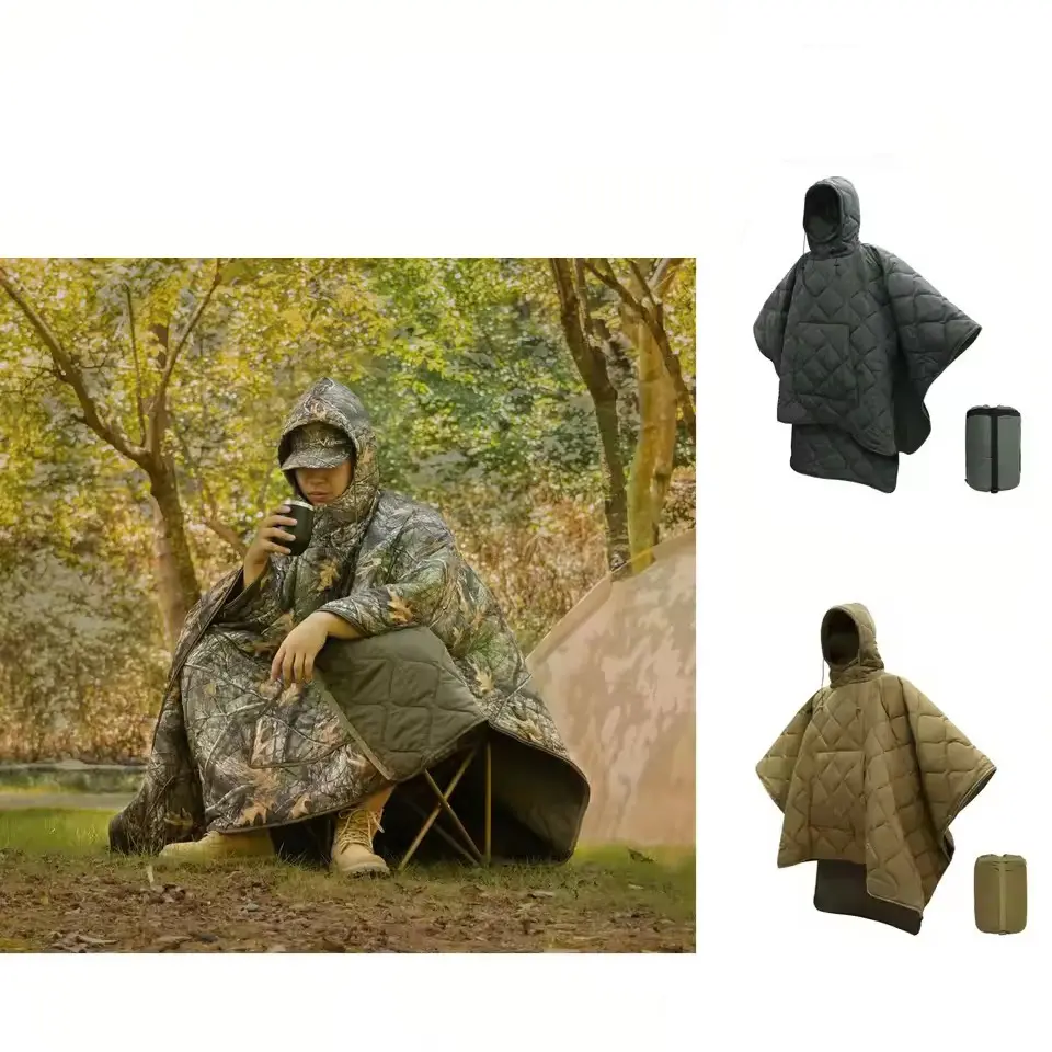 Cape-style sleeping bag, camouflage blanket, waterproof and insulating raincoat, winter warm lining, suitable for outdoor use, camping, hiking, hunting, emergency survival gear, and survival emergency sleeping bags