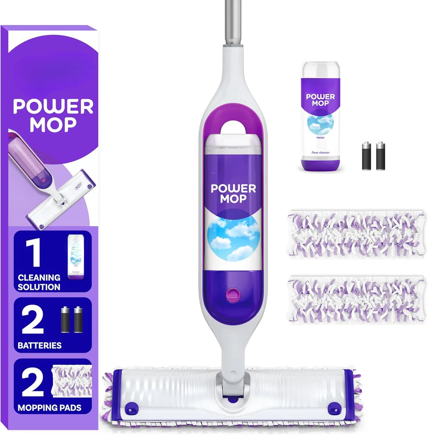 Swiffer PowerMop Multi-Surface Mop Kit for Floor Cleaning, Includes PowerMop, 2 Mopping Pad Refills, 1 Cleaning Solution with Fresh Scent and 2 Batteries