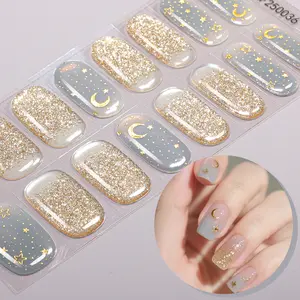 16 Tips Shiny Semi-Cured Gel Nail Strips, Gel Nail Stickers, Sparkling Star Moon Self-Adhesive Full Set, UV Lamp Required, Easy Apply and Remove, DIY Nail Art, Nail Art Supplies