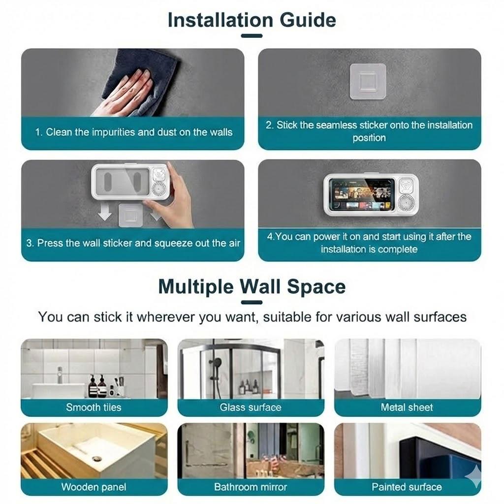 Bathroom Shower Phone Stand with Bluetooth Speaker, IPX7 Waterproof Touch Screen 360° Rotation Wall Mount Phone Holder