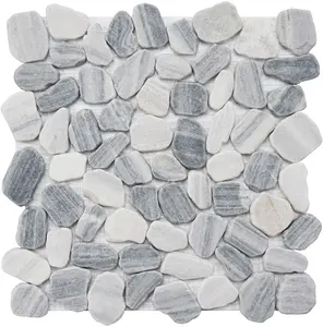 Simple Tile 5 Sheets Marble Mosaic Tile for Kitchen Backsplash, Bath Bathroom Floor, Etc, "River Rock Collection" MM 9503 - Salt & Pepper, Mixed Rounds, 12"X12"X3/8", Tumbled