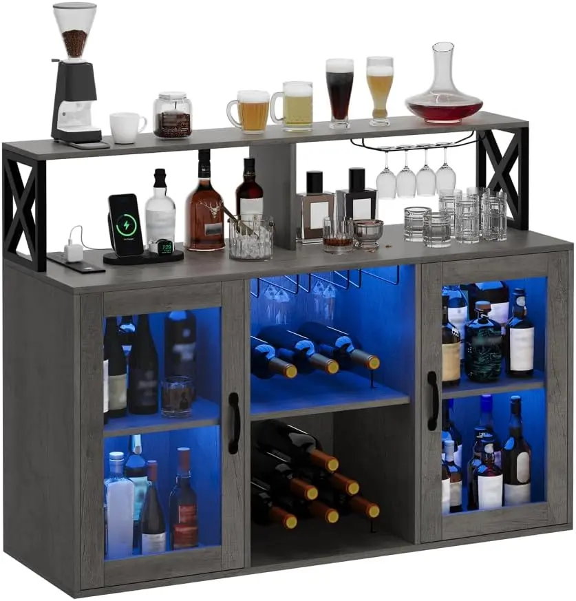 Gaomon Modern Bar Liquor Cabinet - Engineered Wood, Double Doors, Open Top, RGB LEDs, Power Outlets, Glass Holder, Storage Racks - Modern Home Furniture for Kitchen
