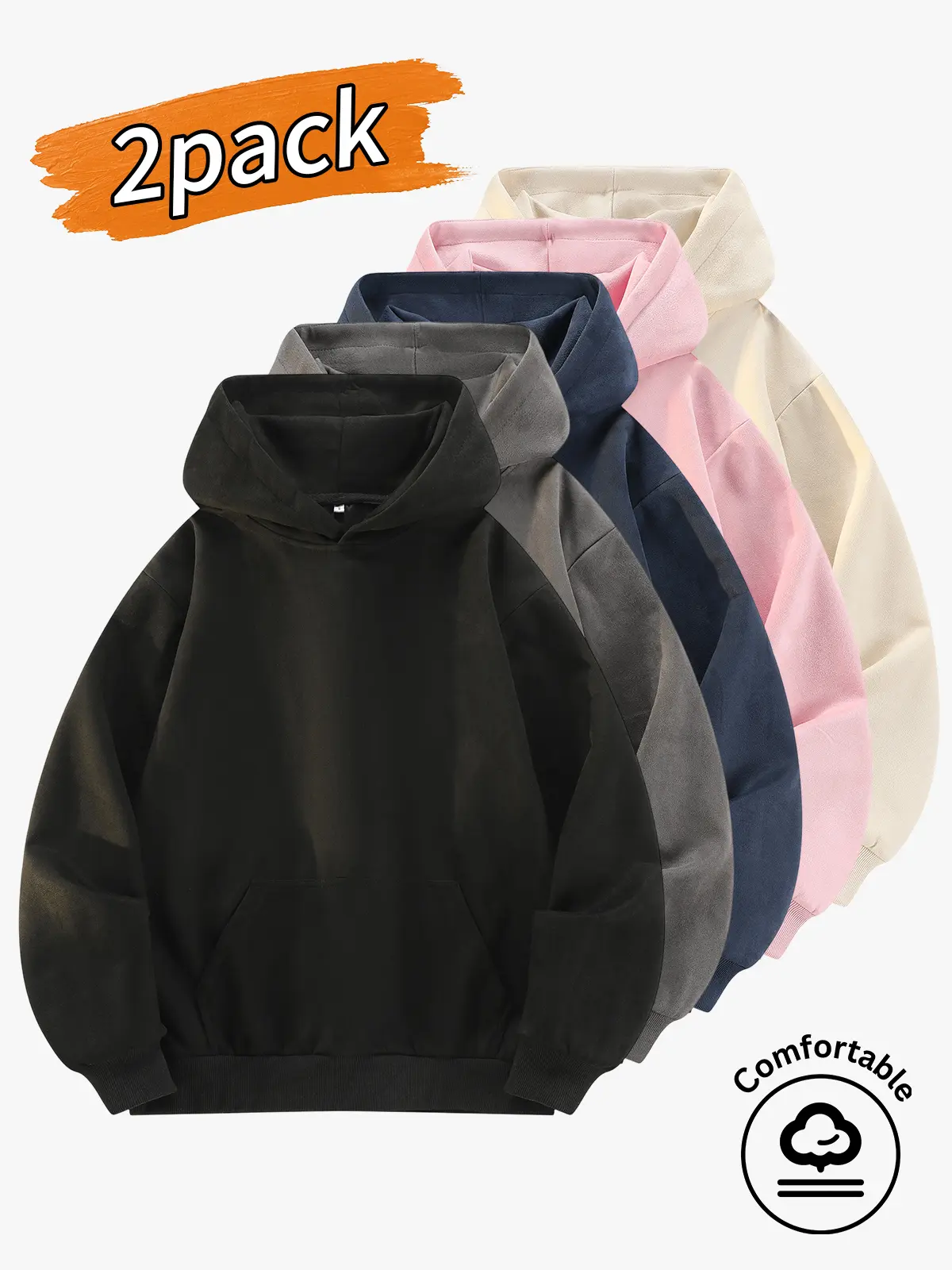 2-pack men's hoodies, men's sweatshirts, men's solid-color pullover hoodies.Lazy-style long-sleeve pullover hoodie with a front kangaroo pocket, minimalist no-print design, loose fit that hides bulges and looks slimming, available in multiple colors—an es