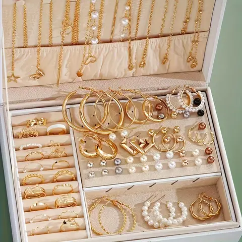 Women's 92-Piece Alloy Gold Elegant Costume Jewelry Set - Classic Polished Chain Necklace Set with Rings, Earrings, Bracelets, Layered Bundle for Everyday Wear, Excellent Value Mother’s Day/Birthday Gift
