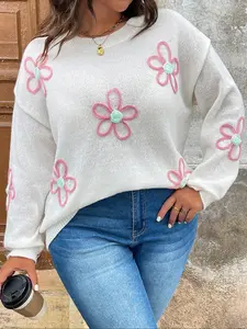 【Plus Size】 Floral Pattern Drop Shoulder Sweater Pullover Knitwear, Lightweight Knit Pullover, Casual Long Sleeve Round Neck Jumper for Fall & Winter, Women's Plus Clothing for Daily Wear