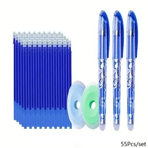 55pcs/set Erasable Pen, Special Pen, Replaceable Ink Pen, Erasable Gel Pens with 50pcs Refill & 2pcs Eraser, 0.5mm Pen For Office, School, Student, Writing, Stationery Office Supplies