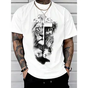 Men's Lion & Jesus Print Round Neck Tee Regular Fit Casual Short Sleeve Crew Neck T-Shirt for Summer Fashion Men's Top for Daily Wear Tropical