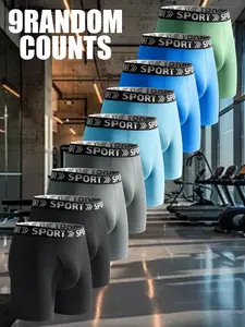 9 pcs random men's solid color daily long style boxer briefs, Leisure and versatile, Soft and comfortable elastic fabric, Close fitting without restraint, Suitable for sports and fitness, exercise, outdoor travel, Fashionable men's long boxer briefs.