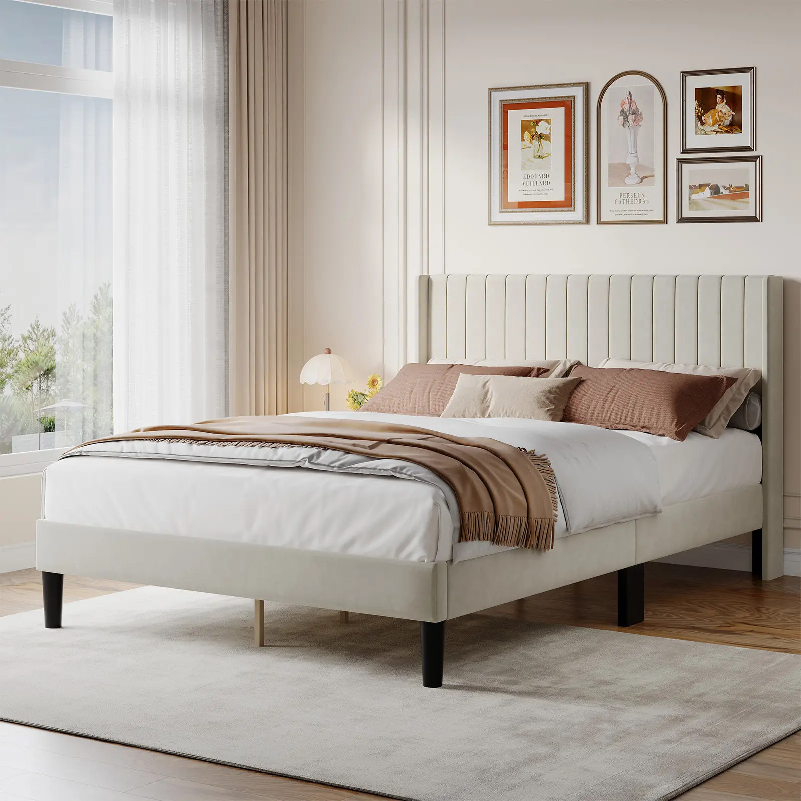 Sweetcrispy Queen Size Bed Frame - Upholstered Platform Bed with Channel Tuft Padded Wingback Headboard, Padded Back, Minimalist Sturdy Design, Transitional Apartment Bedroom Accent Furniture, Easy Setup, Minimalist Platform Bed