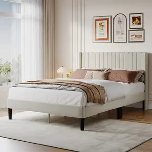 Sweetcrispy Upholstered Platform Bed Frame - Queen Size, Channel Tuft Padded Wingback Headboard, Padded Back, Modern Accent Indoor Bedroom Furniture, Easy Setup, Upholstered Platform Bedframe