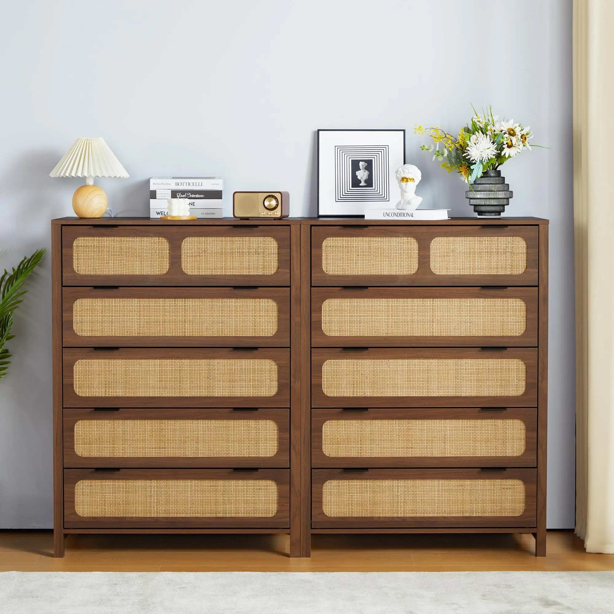 Giratree 4 5 Drawer Chest Dresser, Rattan Tall Dresser 5 Chest of Drawers for Bedroom, Wood Storage Cane Cabinet with Metal Handles, for Living Room,