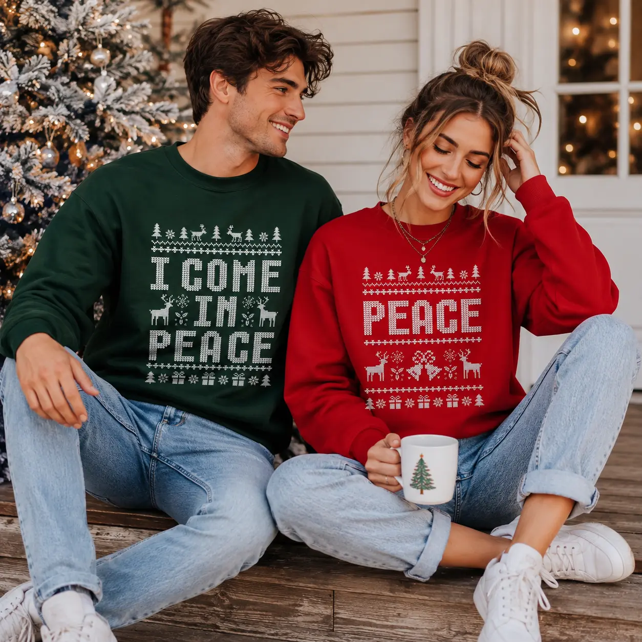 Christmas Couple Sweatshirt, I Come in Peace Funny Holiday Crewneck, Matching Christmas Sweaters for Men Women, Ugly Christmas Sweater, Xmas Gift for Couples – DPCLICK