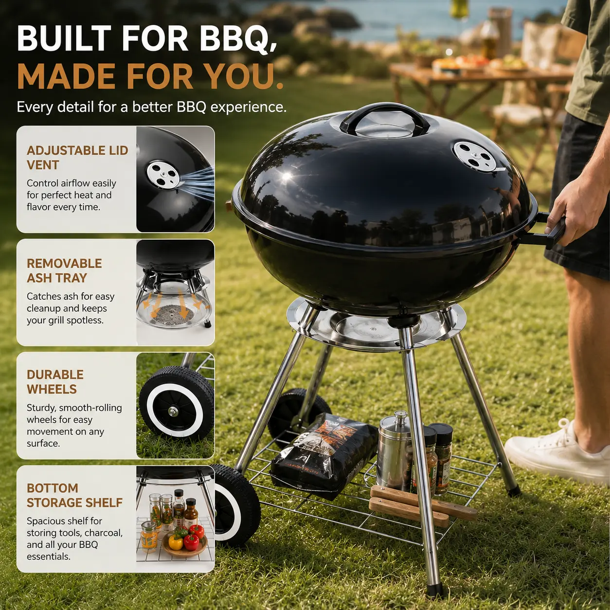 Classic 17" Charcoal Kettle Grill - Mobile Outdoor BBQ Cart for Tailgating, Camping & Cookouts