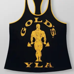 Golds Gym 3014 - Golds Gym Classic Stringers, Distressed-Effect Graphic, True to Size Fit, 165 GSM Fabric, Black Color, Model Wearing Size XL