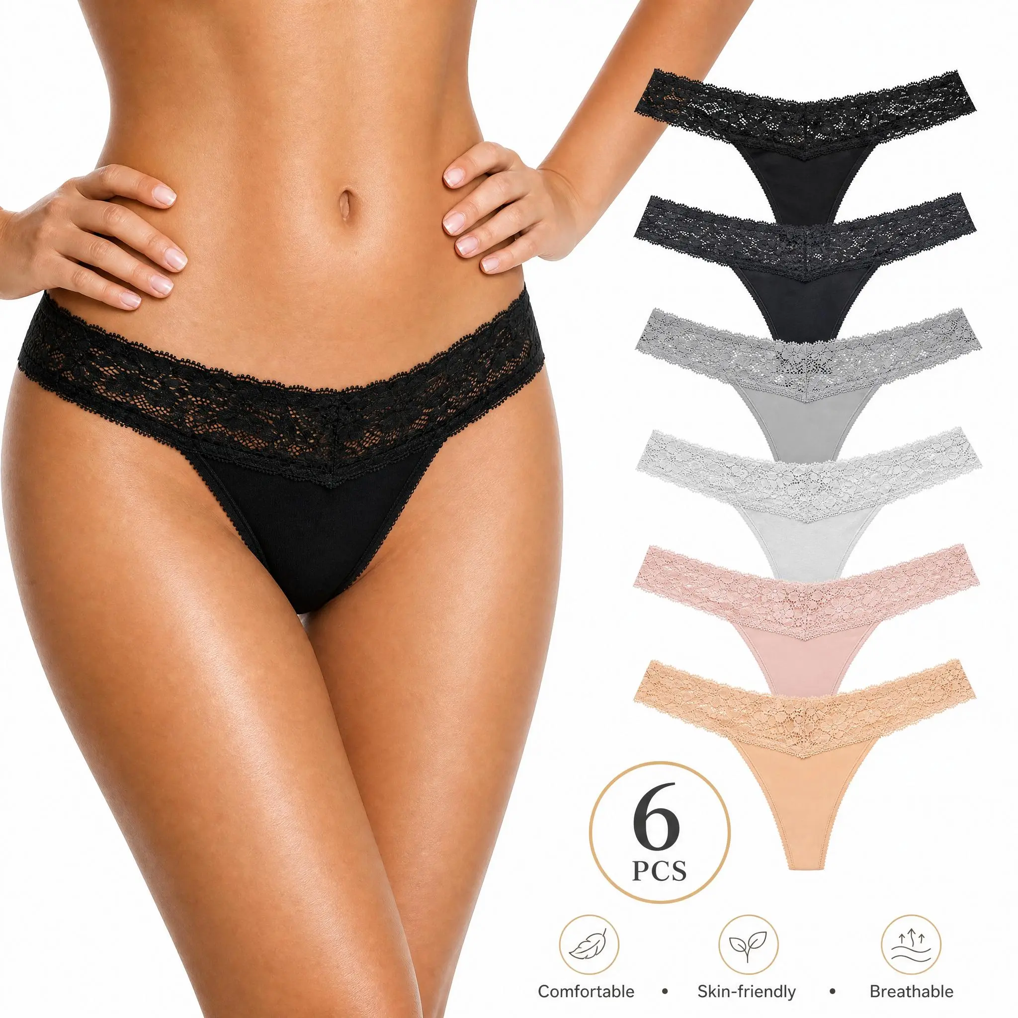 Women's 6-Pack Low-Rise Cotton Spandex Lace Thongs - Soft, Breathable, Cheeky, Stretchable, Aesthetic Underwear for Casual Use, Panty, Fit
