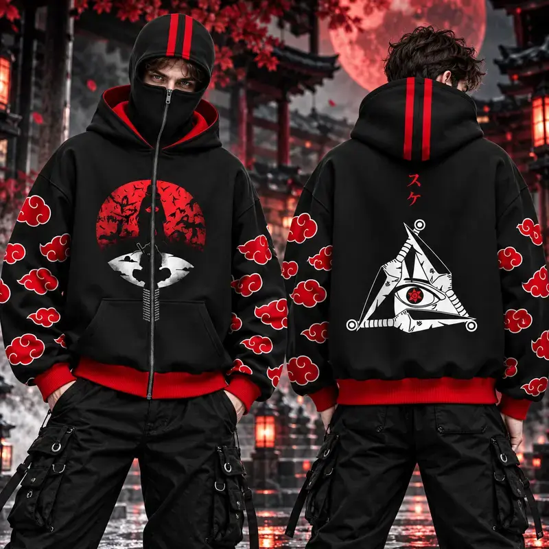Dark Ninja Warrior Full Zip Face Cover Hoodie, Black Red Moon and Mystic Eye Graphic Jacket, Red Cloud Print Sweatshirt with Built-In Balaclava Mask, Oversized Unisex Y2K Anime Streetwear, Fantasy Cosplay Zip Up Hoodie for Men and Women