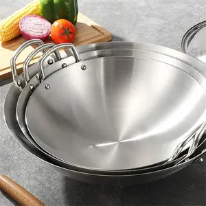 Thick Stainless Steel Commercial Stir-Fry Pot, Durable Cooking Pan, Frying Pan, Professional Grade Fry Steam Cook Multi-Purpose, Quality Kitchen Utensil