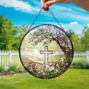 [Made in US] Cross And Wild Flower STAINED SUNCATCHER, Christian Cross Windows Hanging, Flower Cross Gift For Religious, Christian Faith Home Decor