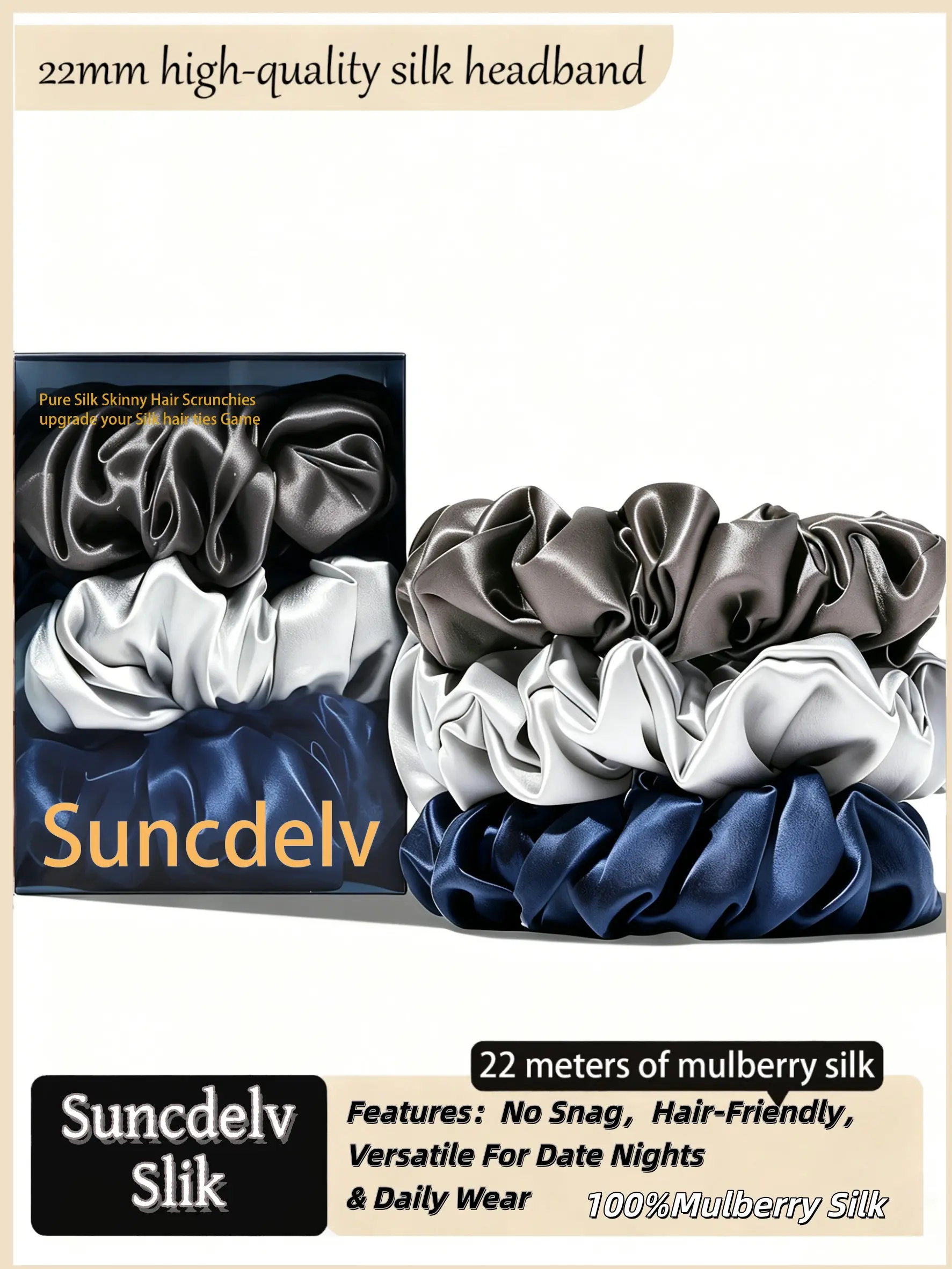 Suncdelv SliK 100% Silk hair scrunchies Set, Fashionable Hair Accessories, Simple Style, 22mm Thickness, Solid Color Hairband, Valentine's Day Gift, Birthday Gift, Silky Smooth Texture
