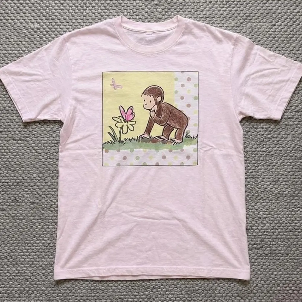 Curious George pink graphic Graphic T-shirt, Nature Y2k Streetwear Top, 2000s Cute Gift for Mens Clothing & Women's Clothes