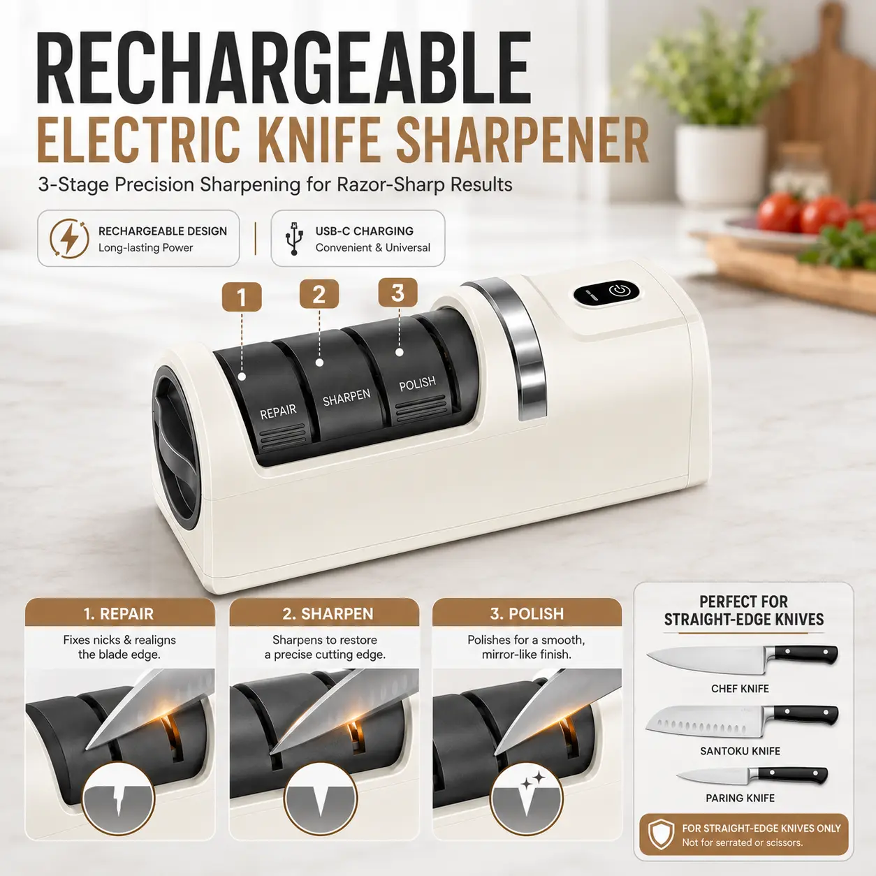 Rechargeable Kitchen Knife Sharpening Machine, 3-Step Knife Sharpener for Dull Straight-Edge Knives and Daily Cooking Prep