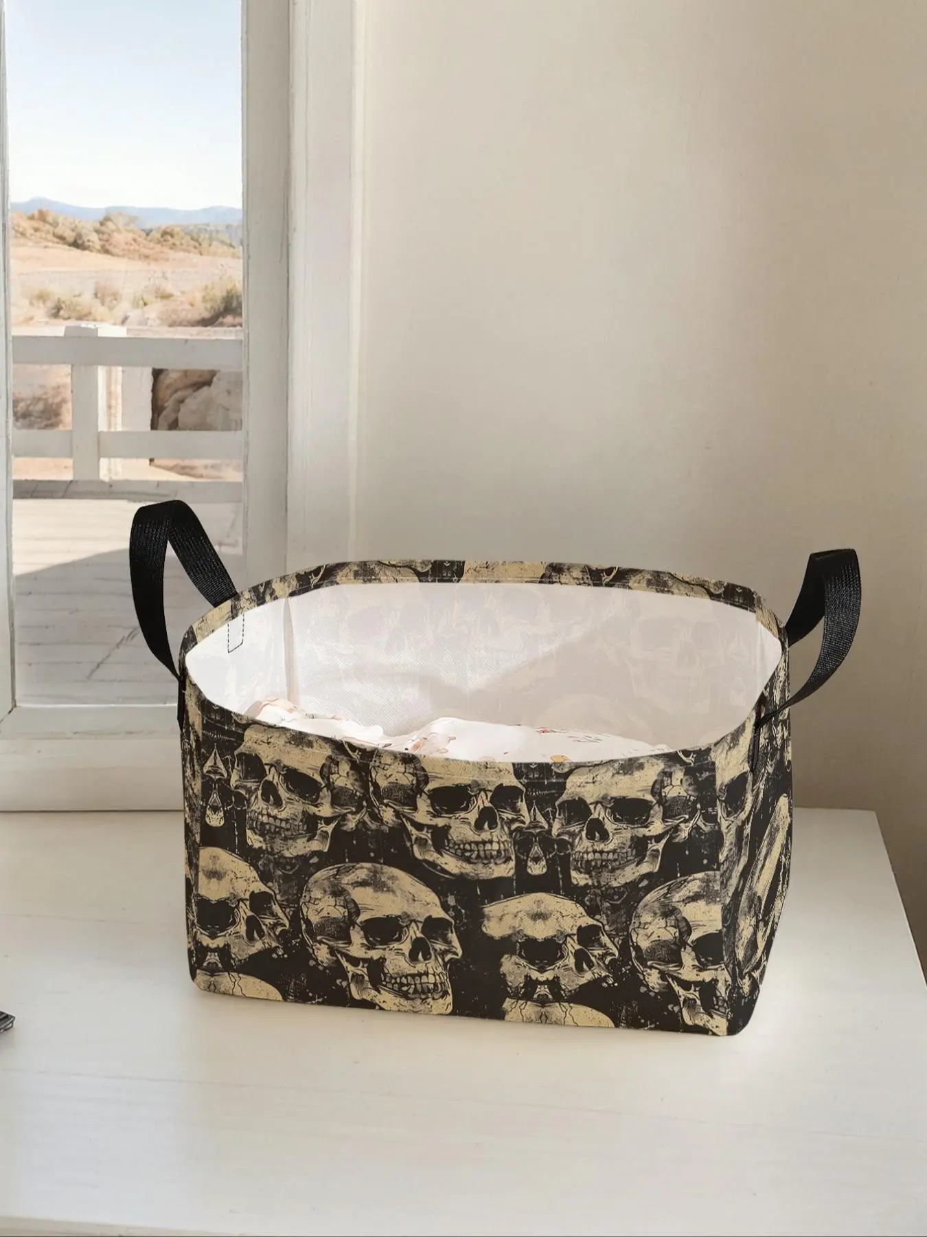 Skull Pattern Printed Open Storage Box, Multi-functional Storage Basket with Handles, Foldable Clothing Storage Basket, Clothes Organizer for Home Living Room Bathroom Kitchen, Clothes Baskets, Closet Storage Basket, Portable Storage Basket