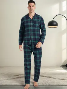 Mens Pyjamas Set Cotton Checked Flannel Lounge Wear Long Sleeve Top & Bottoms Pyjamas for Men Soft Nightwear Pjs Pajamas