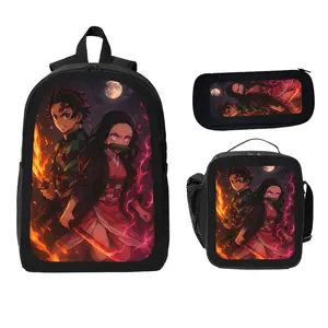 Demon Slayer Kimetsu no Yaiba Tanjiro & Nezuko Three-Piece Backpack Set Backpack Pencil Case Lunch Bag Anime Collaboration School Cool Accessories