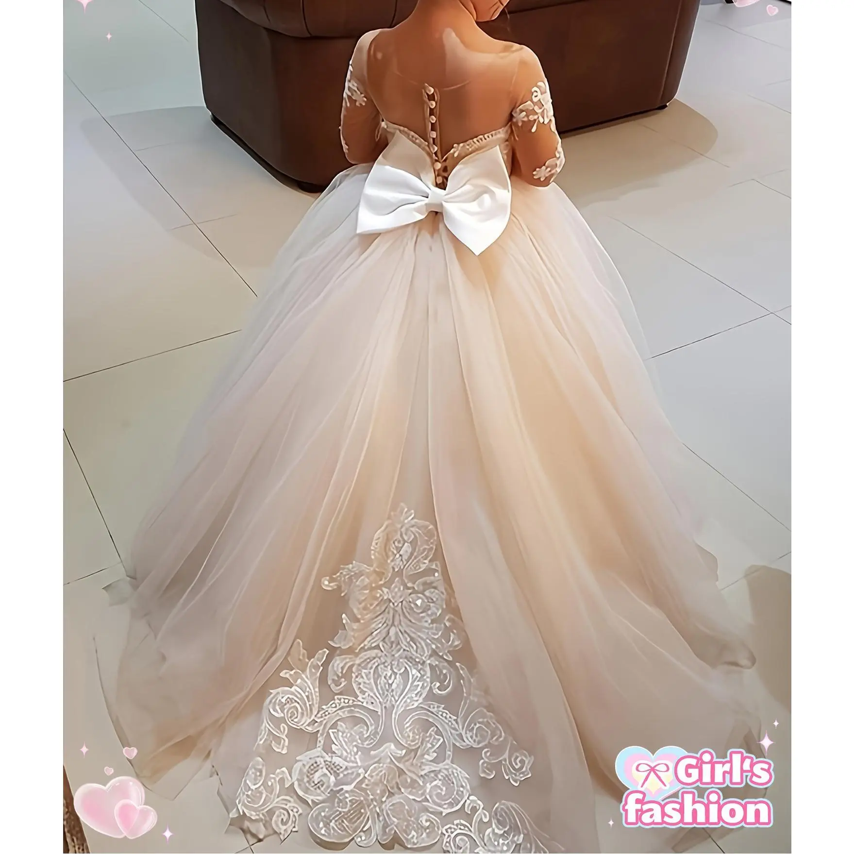 Girls' A-Line Puff Sleeve Dress with Big Bow, Long Sheer Polyester Gown for Performances, Dry Clean Only, 12-13Y, 10-11 Years, Elegant, Sheer Fabric, Nine-Quarter