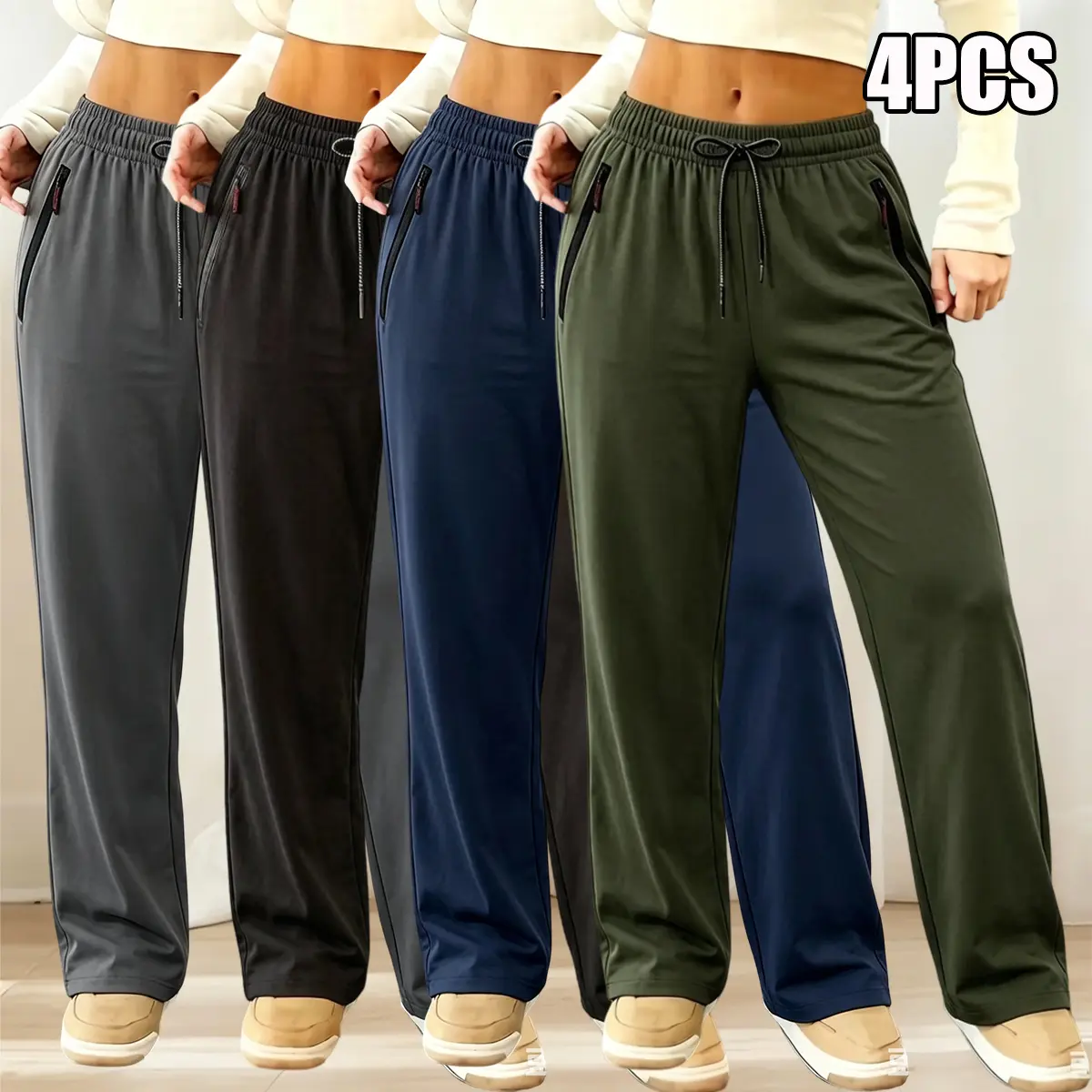 4-pack women’s long pants for spring, summer, and autumn—lightweight, breathable, stretchy; elastic waistband and adjustable drawstring, zippered pockets for storage; suitable for outdoor sports, everyday casual wear, and various occasions.