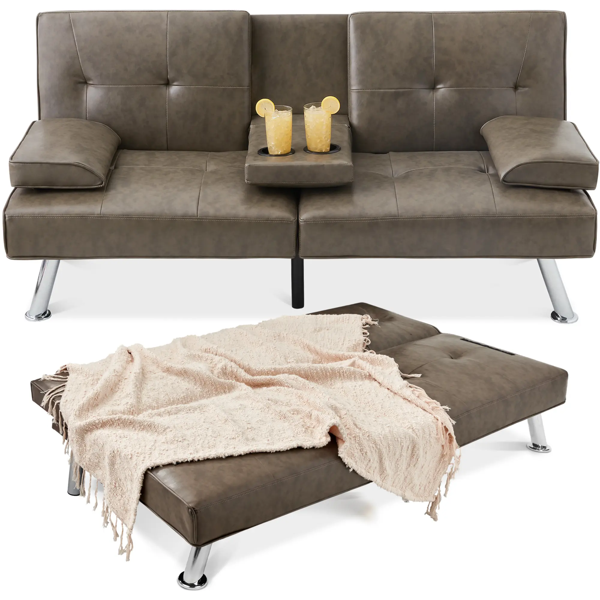 Best Choice Products Modern Faux Leather Convertible Futon Sofa w/ Removable Armrests, 2 Cupholders