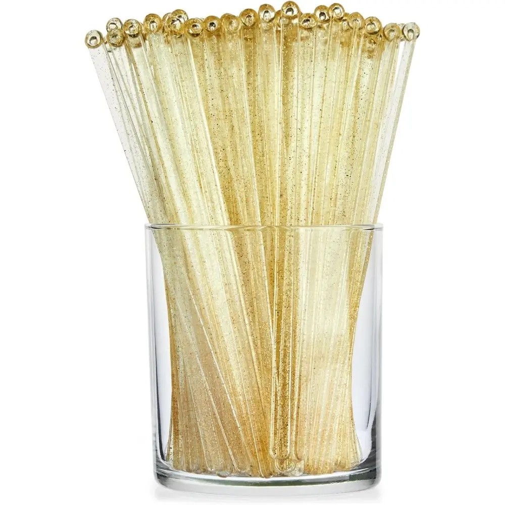 Elegant Translucent Gold Plastic Cocktail Stirrers & Swizzle Sticks Set - 6.5 in Disposable/Reusable Bar Utensils with Blank Top for Drinks, Parties, Home Use, Drink, Reuse