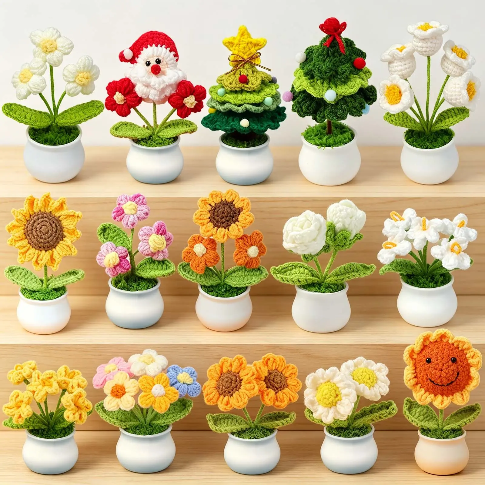 Crochet Flowers Handmade Knitted Potted Flower, Crochet Gifts for Coworkers Teacher Appreciation Cute Home Dorm Room Office Plants Accessories Artificial Flower Desk Decor for Women Daughter