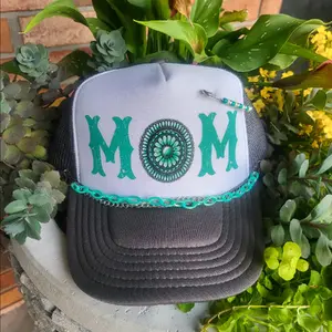Turquoise MOM Otto trucker hat with hat chain and pin. foam