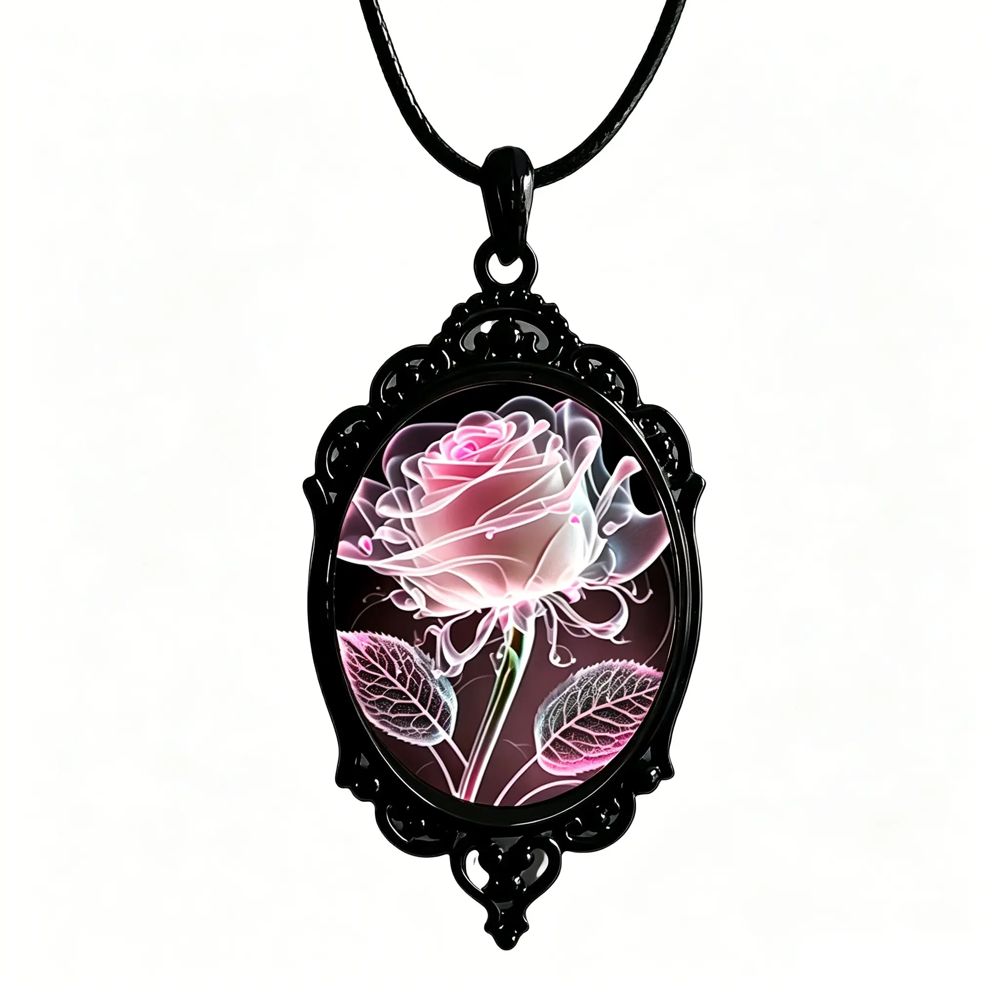 Classic Punk Gothic Pendant Necklace, Exquisite Openwork Black Metal Oval Accessory Embedded With Art Glass Cabochon, Durable Wax Cord Chain for Casual Daily Looks, Cosplay Events And Unique Themed Gatherings