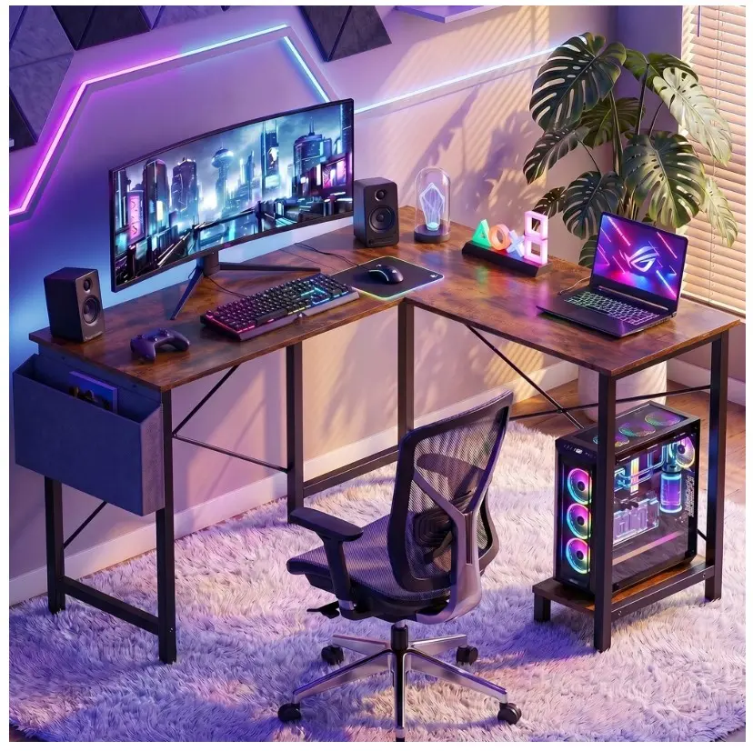 49in Reversible L Shaped Computer Desk with Storage, Coner Desk with Wooden Desktop, CPU Stand and Side Bag for Home Office & Gaming, Rust Brown