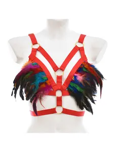Multi-Color Strappy Feather Lingerie for Women, Sexy Harness Outfit for Carnival Party & Stage Performance, Alluring Costume