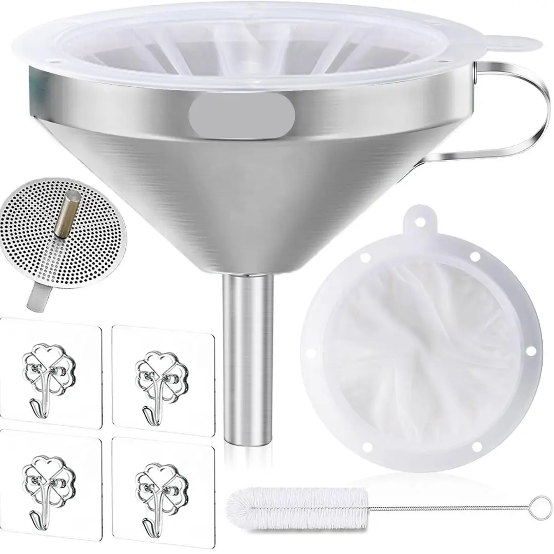 Premium Stainless Steel Funnel, 5 Inch Food Grade Kitchen Funnels with 200 Mesh Food Filter Strainer for Filling Bottles, Oils, Juice, Wine, Coffee, Milk