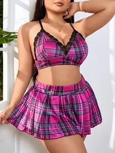 【Plus Size】 Women's Plaid Print Sexy Three-piece Underwear Set, Adjustable Strap Contrast Lace Buckle Ring Linked Criss Cross Bra & Thong & Lettuce Trim Pleated Skirt Set, Women's Underwear Set for All Seasons, Lingerie Sets